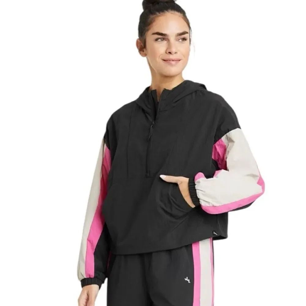 JoyLab Hooded Nylon Pullover Quarter Zip Jacket Women’s Size Medium Black Pink